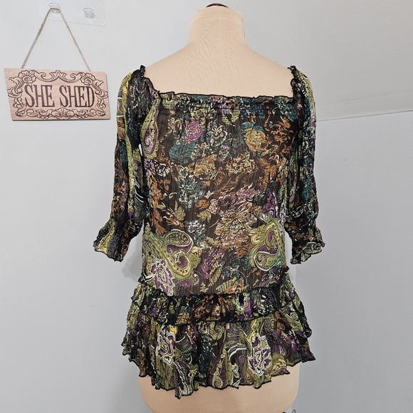Y2K Paisley Mesh Peasant Top Whimsigoth Sheer XS Coquette Fairy Goth Artsy Boho - Picture 4 of 14